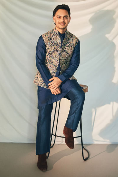 Dark teal zardozi embroidery bandi kurta set
