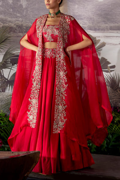 Red embroidered cape with skirt set