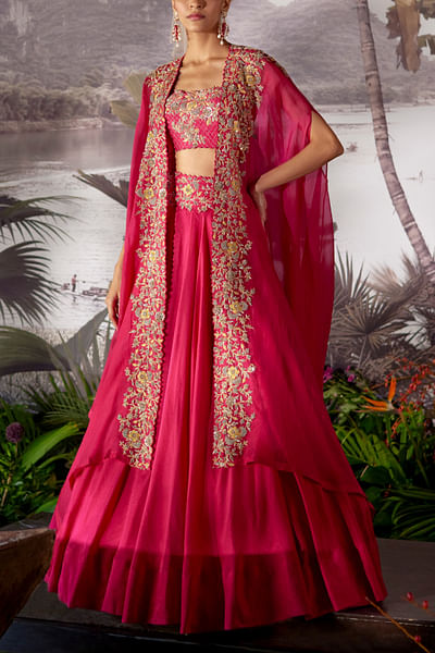 Pink embroidered cape with skirt set