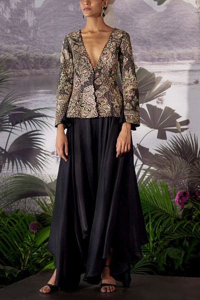 Black embroidered jacket and pant set