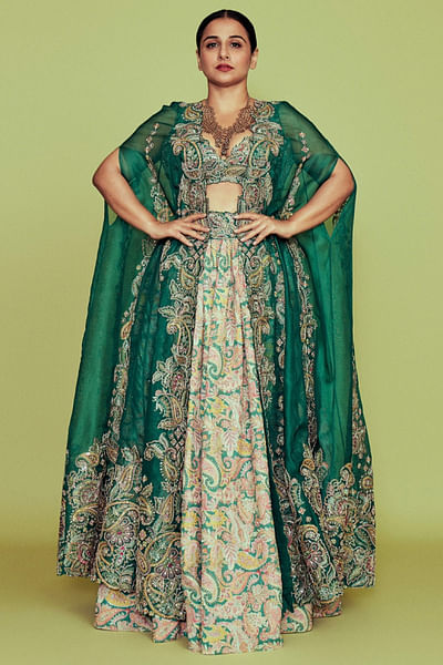 Rama green zardozi embroidery cape lehenga set