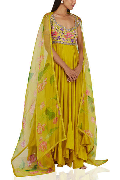 Yellow resham embroidered anarkali set