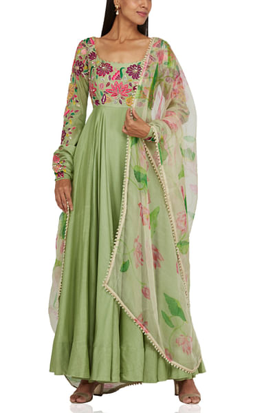 Green embroidered anarkali set