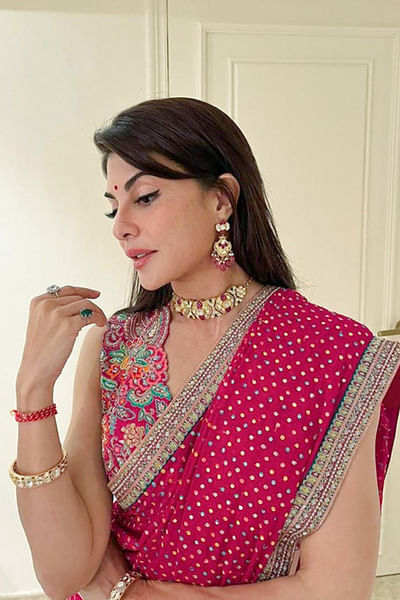 Hot pink hand embroidery sari