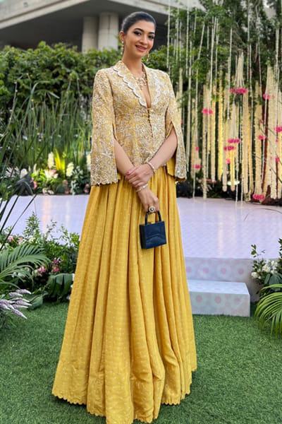 Mustard hand embroidered jacket and skirt