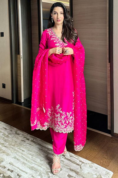 Fuschia pink floral embroidered kurta set