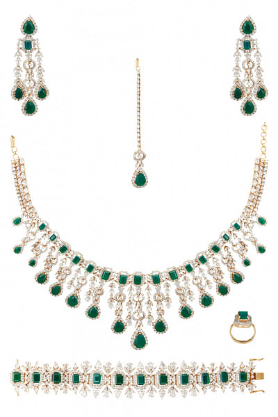 Gold and green faux diamond necklace set