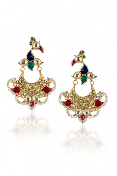 Gold and kundan peacock earrings