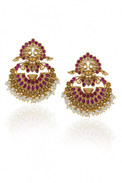 Gold and pink kundan chandbali earrings