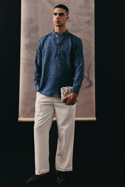 Teal silk rai dana bandhani kurta shirt