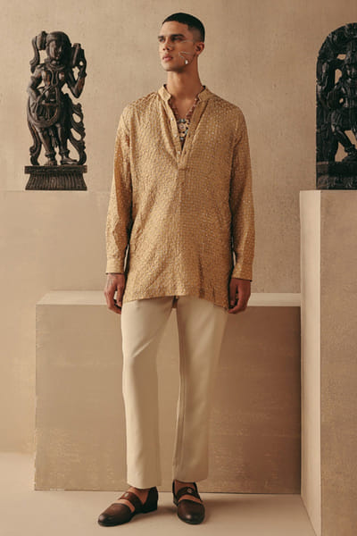 Twenty Nine Taupe silk rai dana bandhani short kurta TWENAPR26D142923