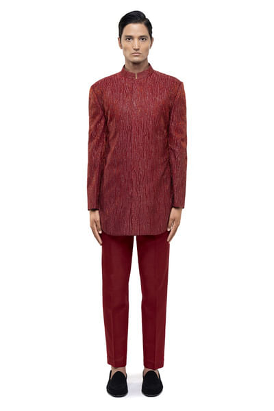 Red metallic embroidered sherwani set