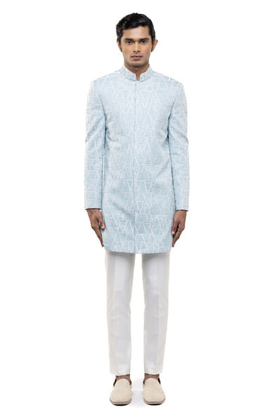 Ice blue thread embroidered sherwani set
