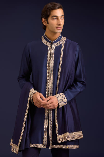 Navy blue mirror and sequin embroidered stole