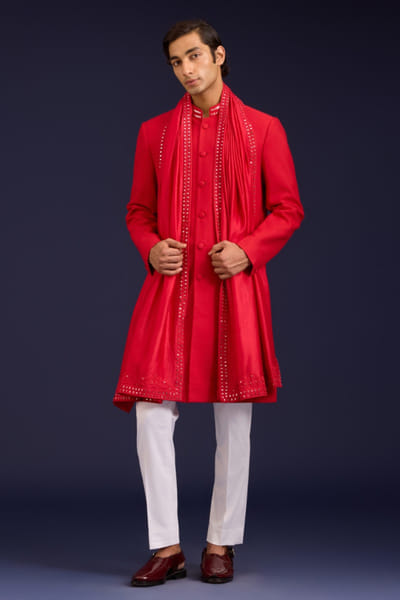 Red mirror and sequin embroidered stole