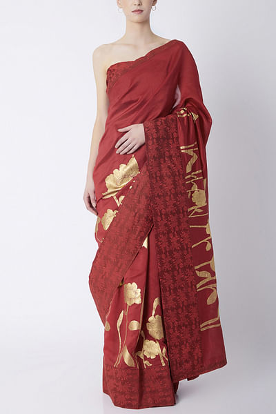 Red foil floral sari set