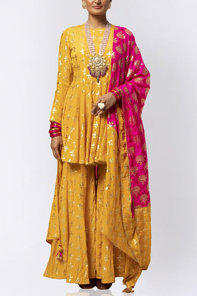Yellow foil printed sharara set