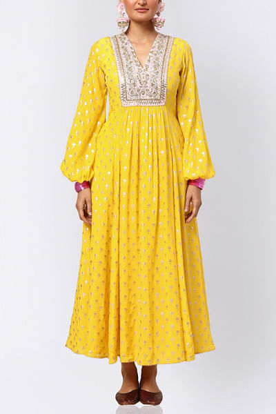 Yellow foil printed kurta dress
