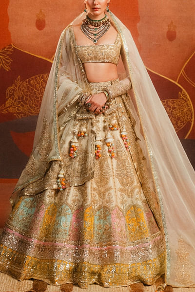 Almond embroidered raw silk lehenga set