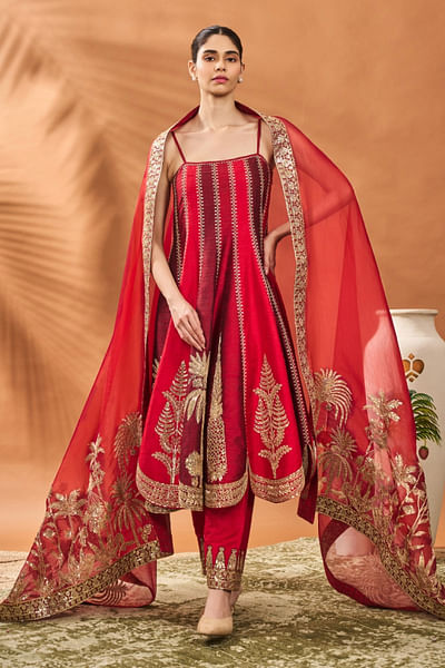 Red embroidered anarkali set