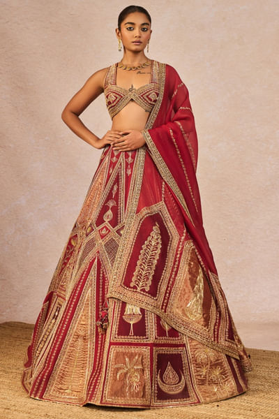 Gold and red embroidered lehenga set