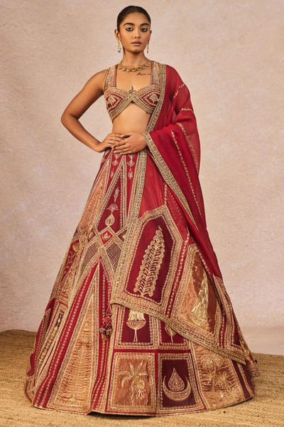 Gold and red patchwork embroidered lehenga set