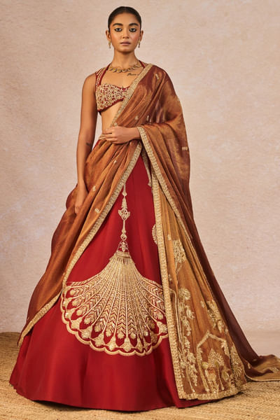 Red motif embroidered lehenga set