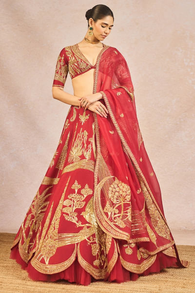 Red pearl embroidered lehenga set
