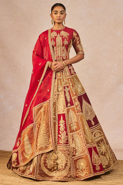 Red pearl and cutdana embroidered lehenga set