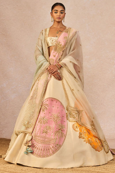 Multicoloured oval embroidered lehenga set