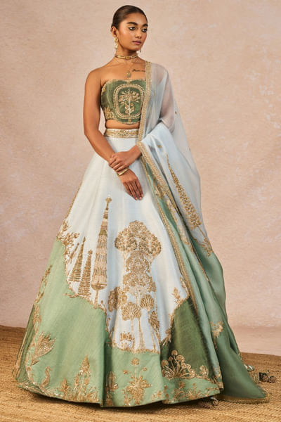 Blue and green pearl embroidered lehenga set
