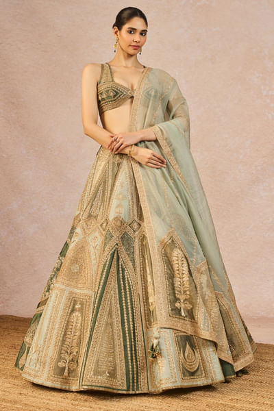 Sage green motif embroidered lehenga set