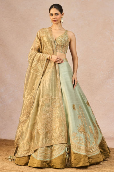 Sage green sequin-moti embroidered lehenga set
