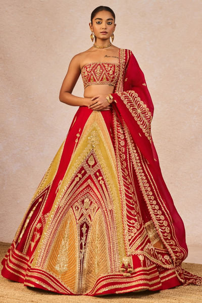Red pearl and cutdana embroidery lehenga set