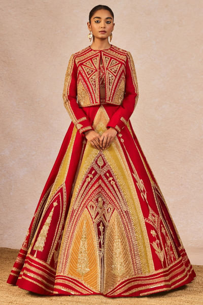 Red cutdana embroidered jacket lehenga set