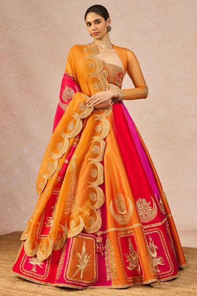 Multicoloured gold embroidered lehenga set