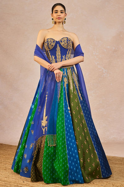 Blue and green pearl embroidered kali lehenga set