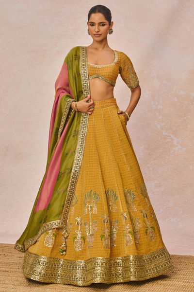 Yellow sequin-moti embroidered lehenga set