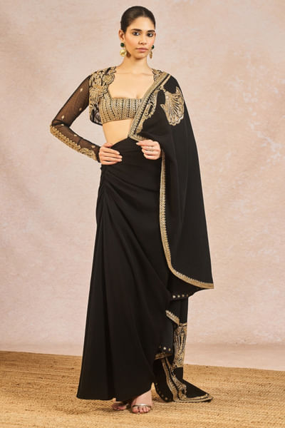 Black embroidered pre-draped sari set
