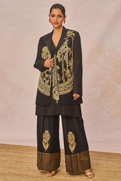 Black dori-sequin embroidered blazer pant set