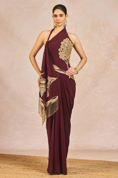 Plum embroidered corset drape skirt set