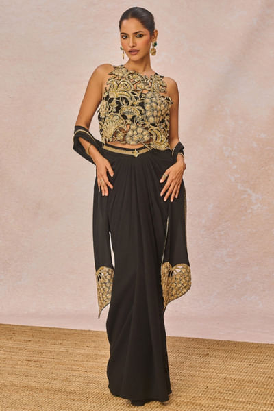 Black cutwork embroidered top-draped skirt set