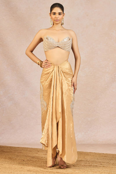 Gold embroidered drape skirt set