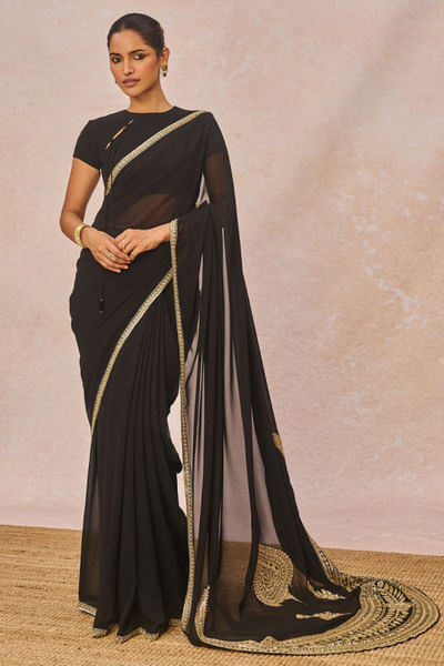 Black dori and sequin embroidered sari set