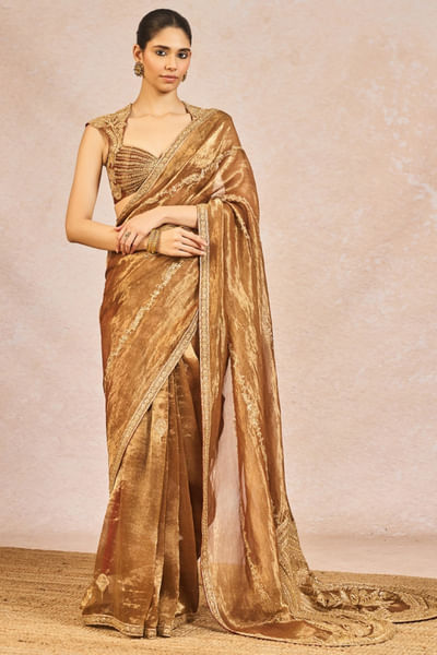 Rust motif embroidered sari set