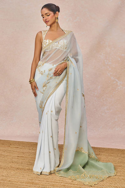 Blue and gold embroidered sari set