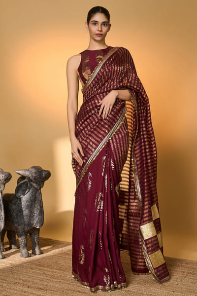 Plum red zari stripe sari set