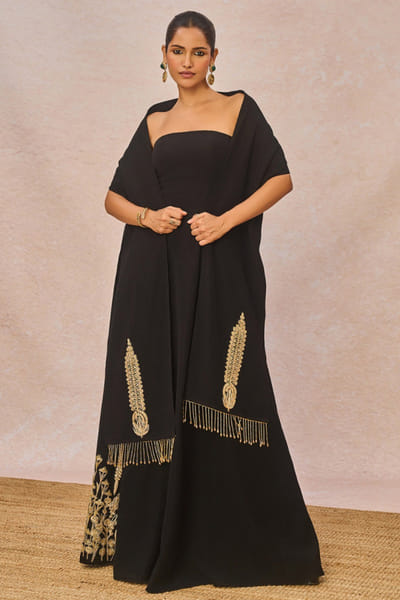 Black dori sequin embroidered gown-stole set