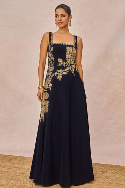 Navy blue dori and sequin embroidered gown