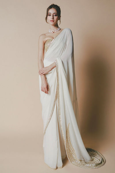 Ivory embroidered corset sari set